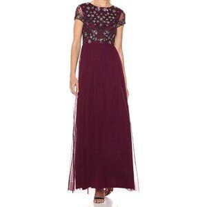 Sz 12 Adrianna Papell Modest Purple Beaded S/S Tulle Gown Dress